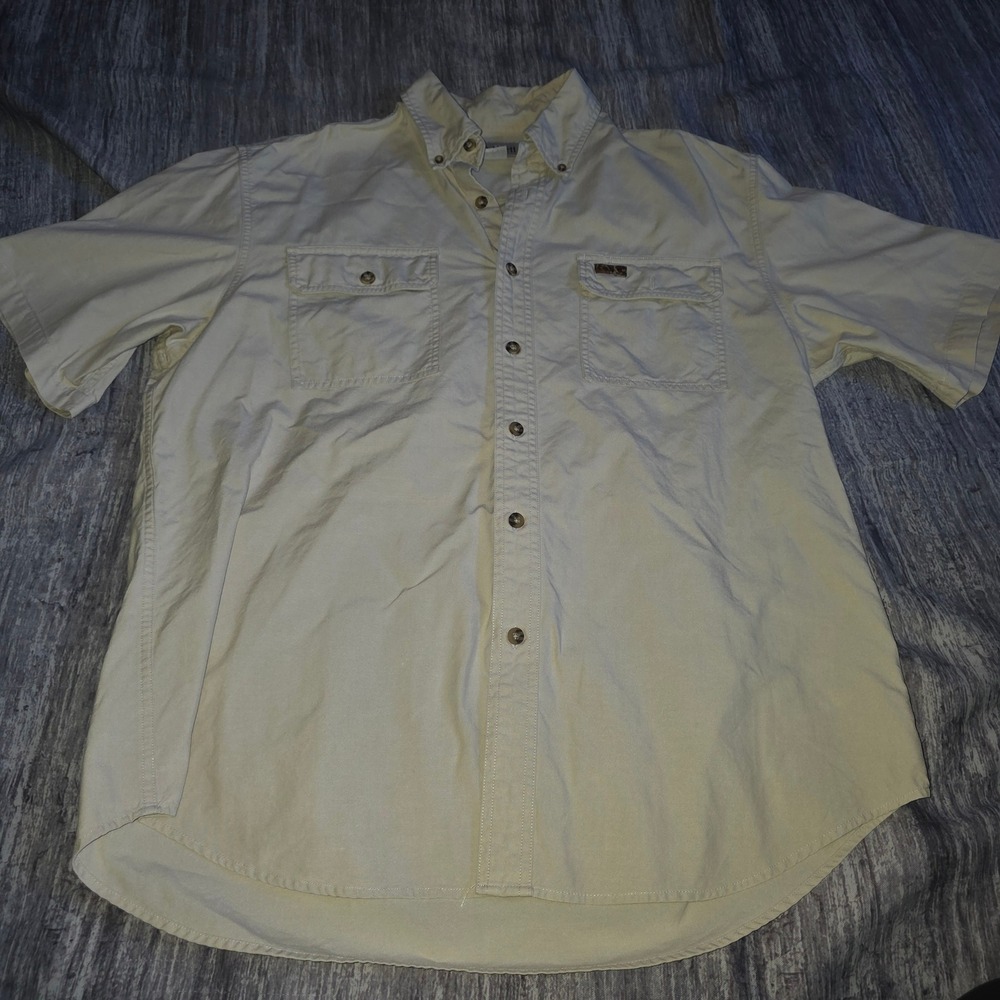 Carhartt Mens Large Tan Cotton Canvas Short Sleeve Button Down Work Shirt S05